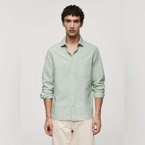 MNG Mango Men’s Classic-fit striped‎ seersucker cotton shirt pastel green size S
